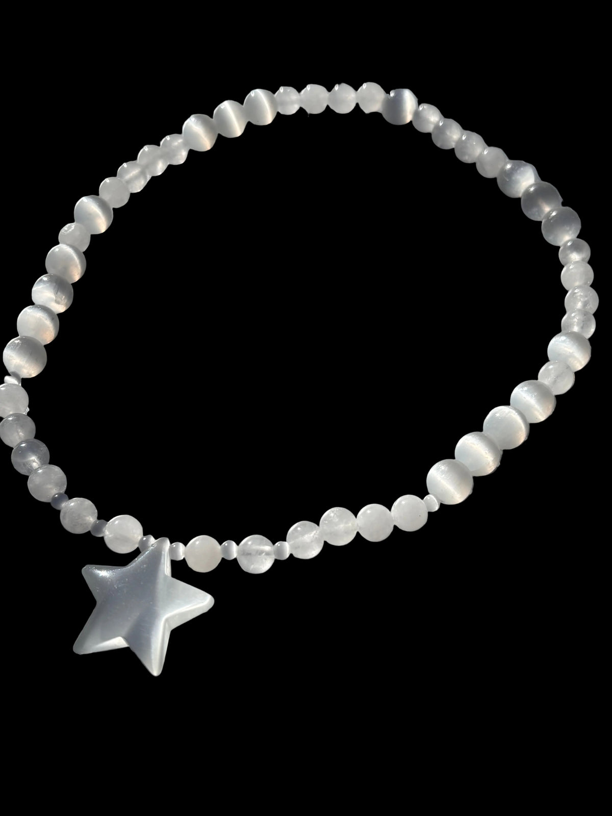 White Catseye Glass Star Focal Bead 
Paired with Selenite and Clear Quartz Crystal Beads 