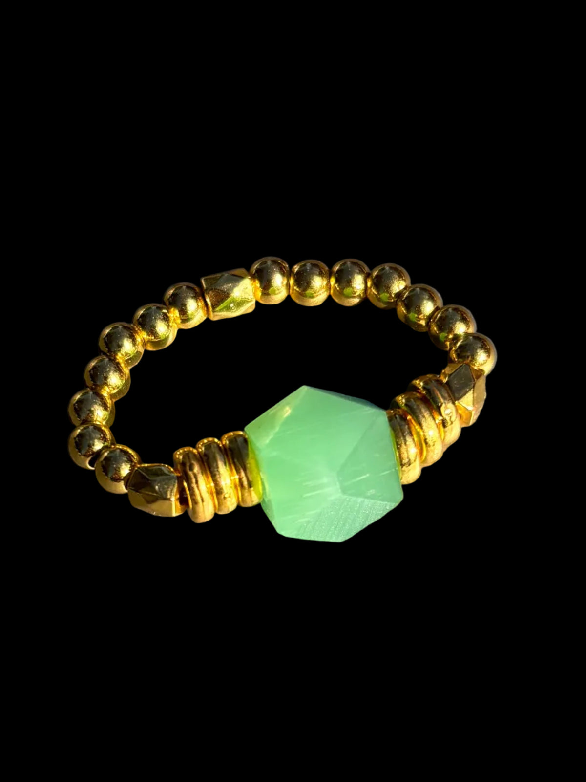 Gold Toned Ring with Green multifaceted Focal bead 