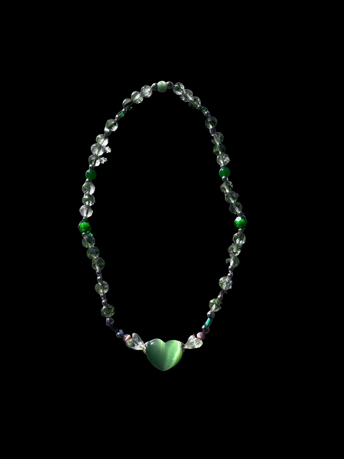 Green Glass Catseye Beaded Necklace and Bracelet Set