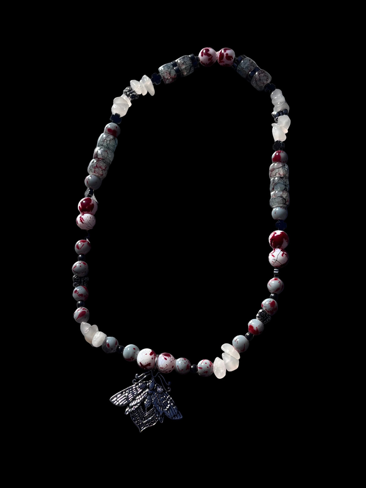Moth pendant made with glass beads and clear quartz stone beads 